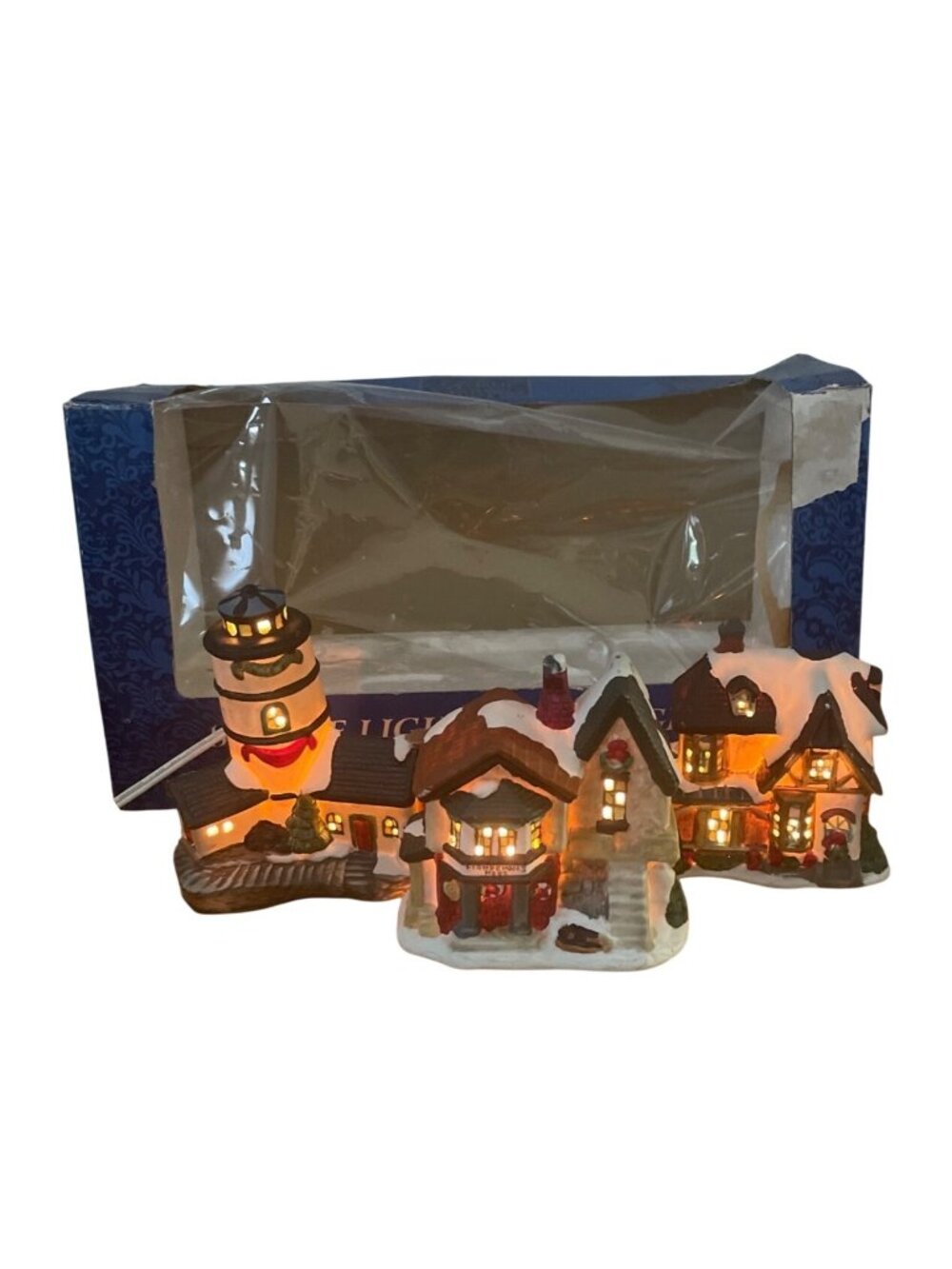 Vtg Holiday Traditions 3 Pc Lighted Christmas Village Set Hand Painted Porcelain